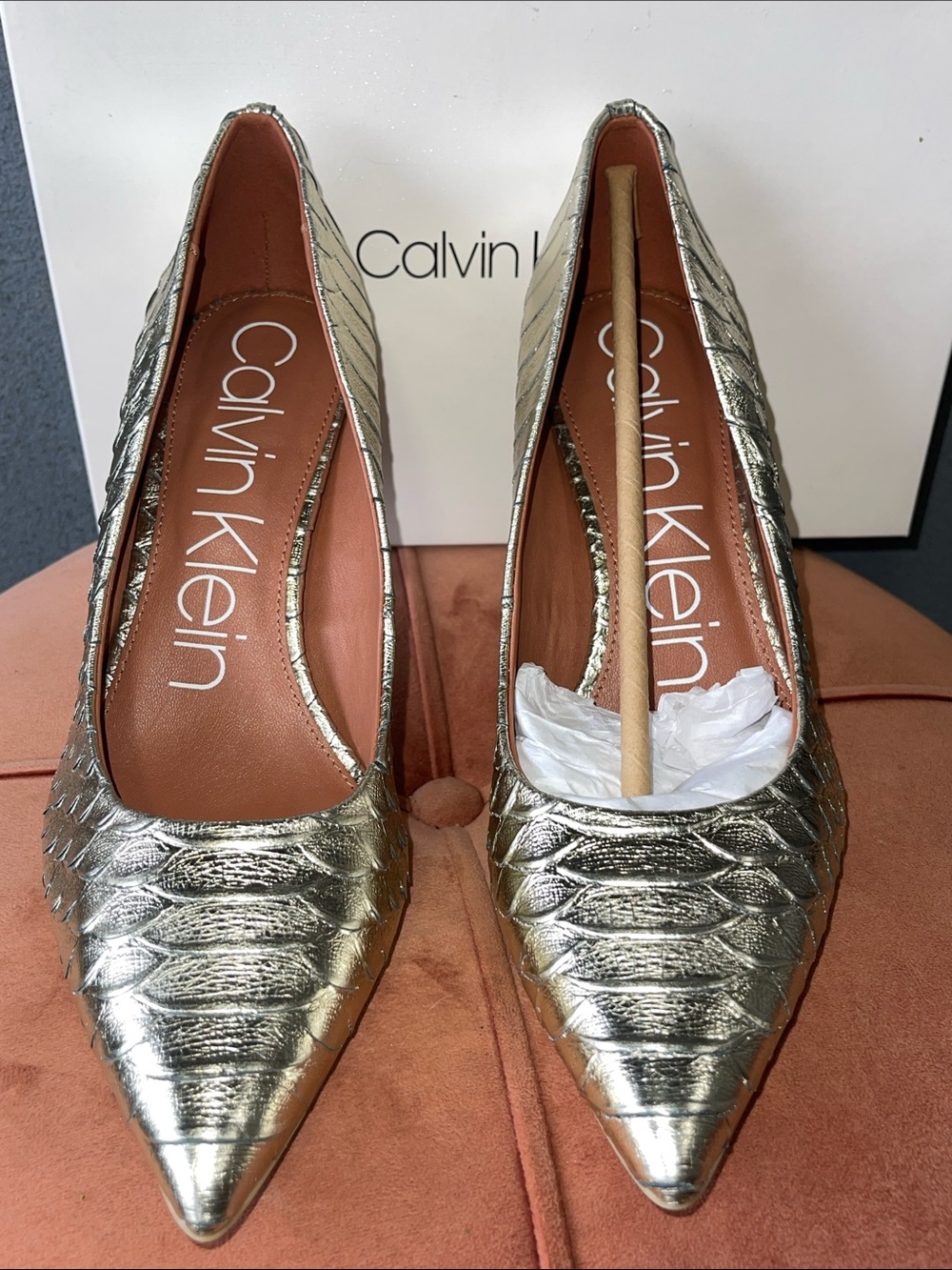 Calvin Klein Gold Textured Pointed-Toe Stiletto Pumps
